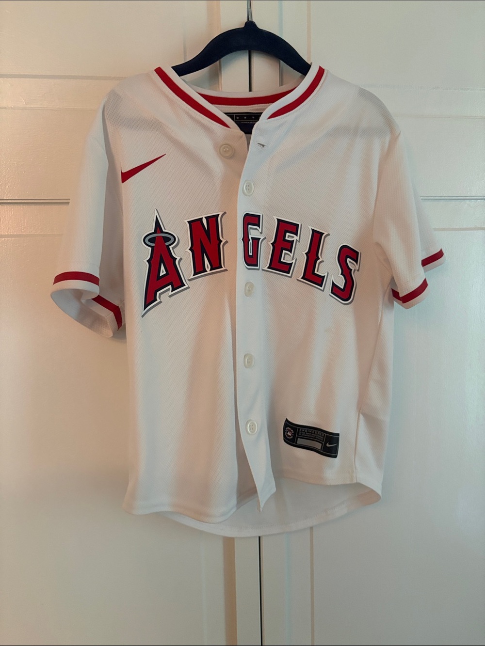 Nike White and Red Angels Kids Baseball Jersey